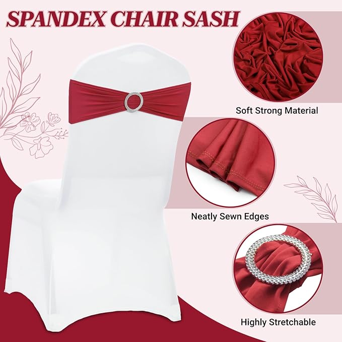 VDS - Apple Red | Spandex Chair Sashes Bows | 100 PCS | Stretch Elastic Banquet Universal Folding Chair Band Tie with Silver Buckle Slider for Wedding Party Conference Celebration Event Decoration