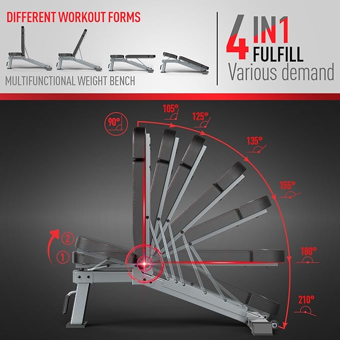 JOROTO Adjustable Weight Bench, 1300LBS Workout Bench for Home Gym Strength Training, Incline Decline Flat Bench Press with Wheels and Extended Backrest, Foldable Exercise Bench for Full Body Workout