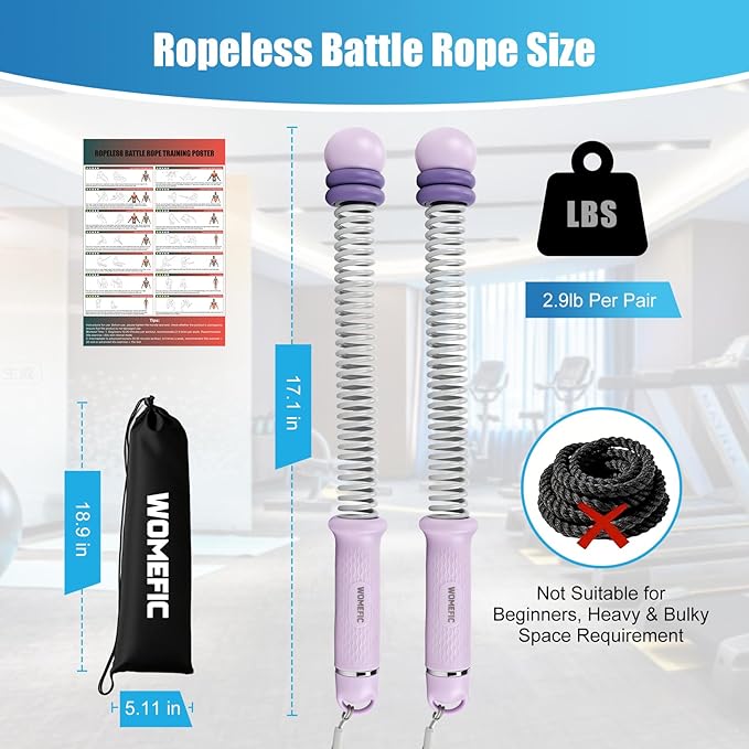 Weighted Ropeless Battle Ropes Adjustable Weight - Portable Cordless Battle Ropes for Home Gym with Poster - Strength Building, HIIT and Low-Impact Aerobic Training for Men & Women (Purple)