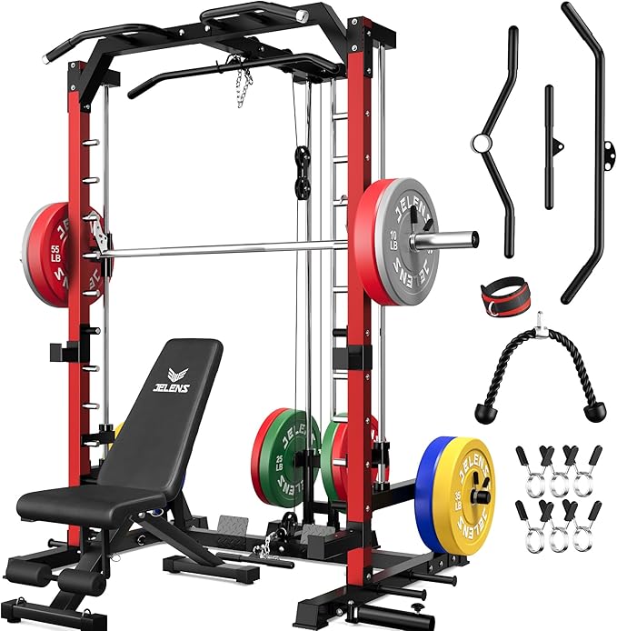 JELENS SR01 Smith Machine, 2000LBS Multi-Function Power Cage with LAT Pulldown System, All-in-One Home Gym Squat Rack with Smith Bar and Training Attachments for Full Body Workouts