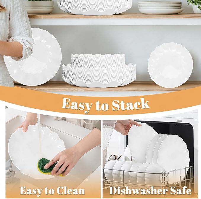 LIYH 24 Pcs White Plastic Plates Reusable - Unbreakable Party Plates, Microwave & Dishwasher Safe Camping Plate Sets Perfect for Parties, Birthday, Picnics, BPA Free (12Guests)