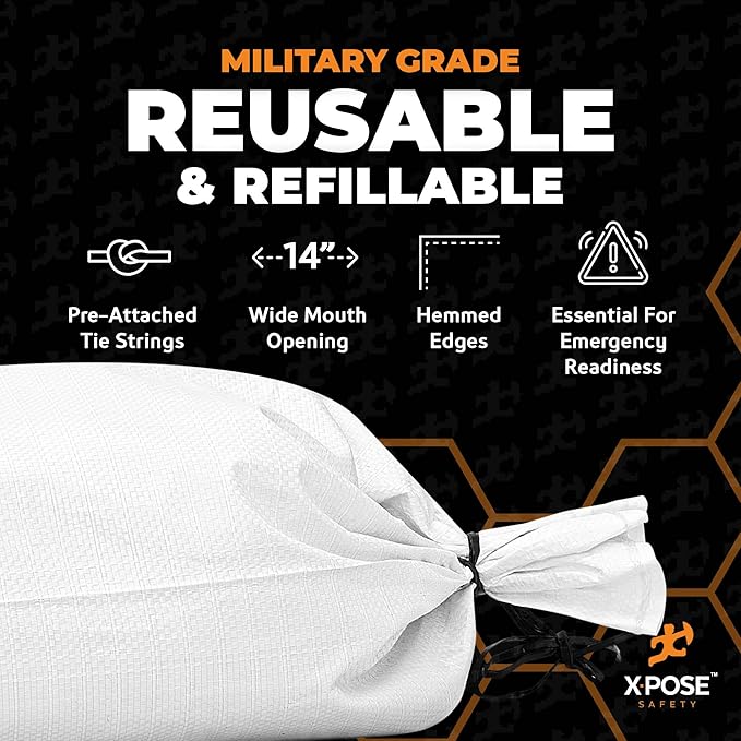 Xpose Safety Heavy Duty Sand Bags with Tie Strings – Empty Woven Polypropylene Sandbags for Hurricane Flood Protection, 100 lb Capacity, 14" x 26", White, Bulk Half Pallet Pack of 4000