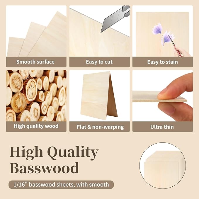 Balsa Wood Sheet, 10 Pack Plywood Sheets, Basswood Sheets 12X12X1/16 Inch, Unfinished Wood Boards Blanks for Laser Cutting, Engraving, Burning, Crafts