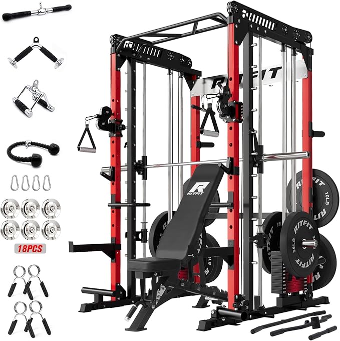 RitFit M1 Pro Smith Machine Package, All-in-One Power Cage with Weight Stack Set, Includes LAT Pulldown & Cable Crossover System for Home Gym