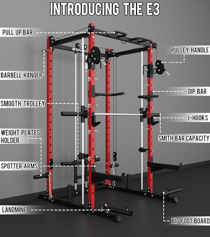 Eonfit E3 Smith Machine for Home Gym Equipment, Multi-Function Power Cage Squat Rack with Cable Crossover LAT Pulldown Pulley System All in One