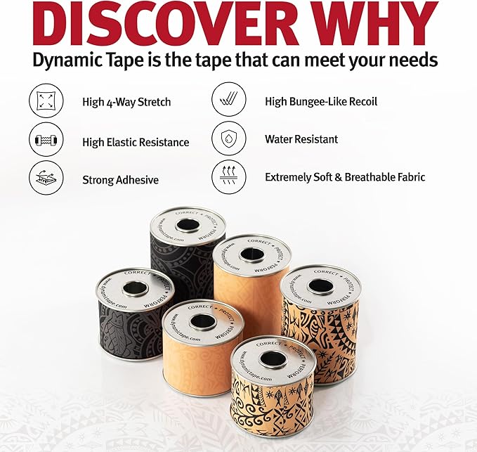 Dynamic Tape Original - Biomechanical Athletic Tape | 4 Way Stretch & Stronger Recoil Than Kinesiology Tape | Designed for Muscle & Joint Load Management | High-Load Sports Use (2" Black/Beige Roll)