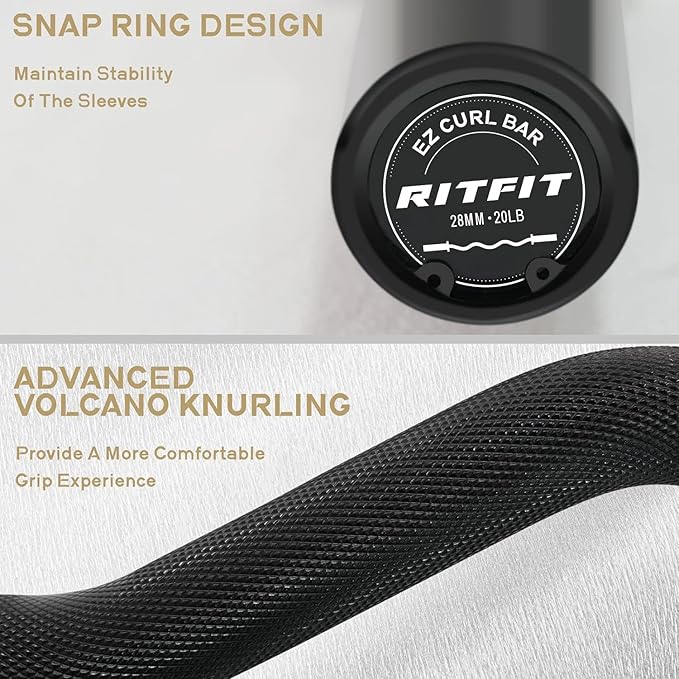RitFit 2 Inch EZ Curl Bar with Weights, 350LBS Weight Capacity Olympic Curl Barbell for Bicep, Tricep and Weight Lifting Exercises