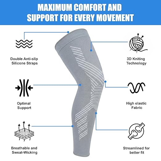 NuCamper Full Leg Compression Sleeves for Men and Women,2 Pack Legs Sleeves Long Knee Brace Support for Running, Basketball, Cycling, Workout, Sports - Gray,XL