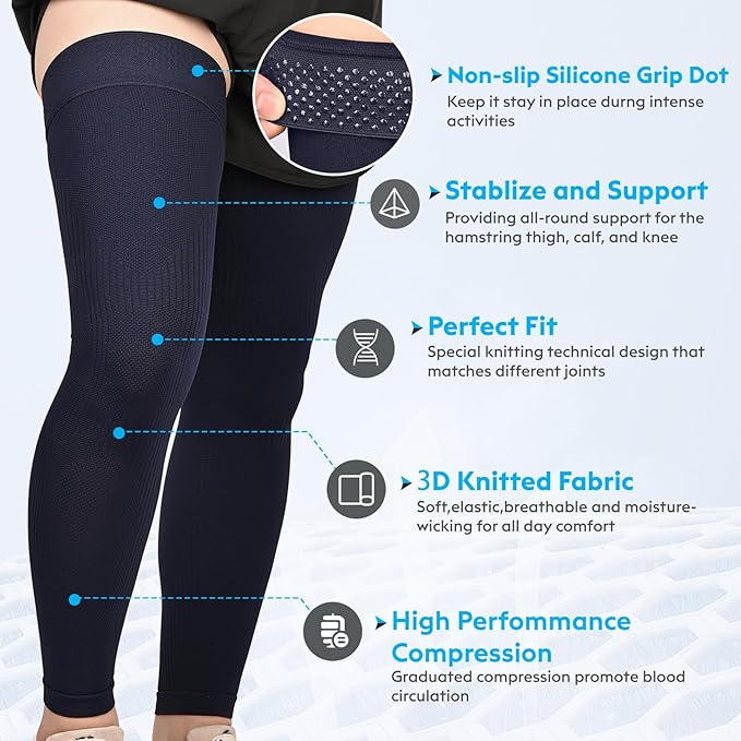KEKING Full Leg Compression Sleeves, Unisex, Thigh High Compression Stocking 20-30mmHg Graduated Support for Thigh Calf Knee, Running, Basketball, Reduce Varicose Veins and Swelling, Navy Blue XXL