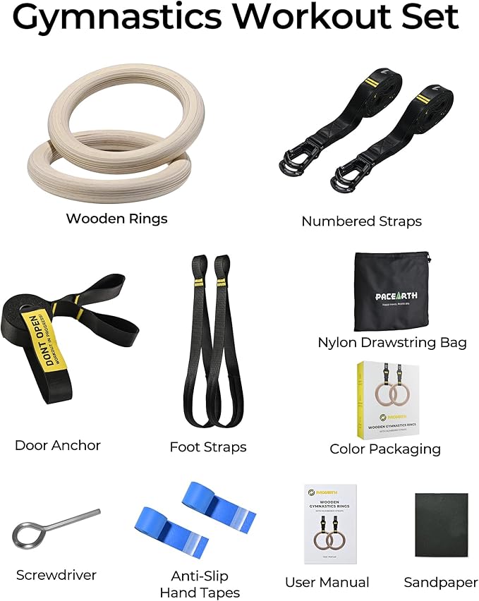 PACEARTH Gymnastics Rings 32mm Wooden Olympic Rings Support 1500lbs Locked Carabiners 9ft Double-Layer Numbered Straps Non-Slip Gym Rings with Foot Straps Door Anchor for Home Gym Full Body Workout