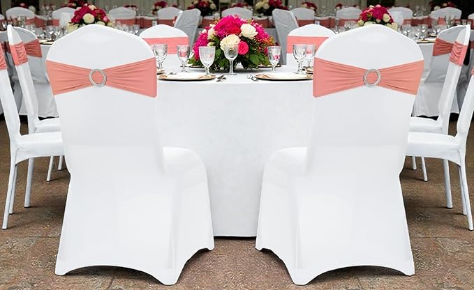 VDS - Coral Peach | Spandex Chair Sashes Bows | 150 PCS | Stretch Elastic Banquet Universal Folding Chair Band Tie with Silver Buckle Slider for Wedding Party Conference Celebration Event Decoration
