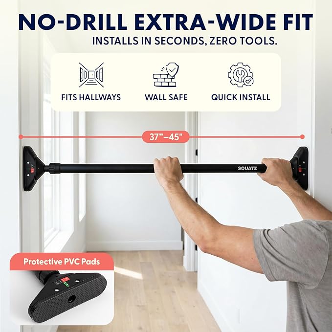 Squatz Doorway Pull Up Bar, Adjustable Door Frame Pull Up Bar with Level Meter, Locking Mechanism & Foam Grips, No Drill Chin Up Bar for Door Frame, Portable Design for Home Workouts