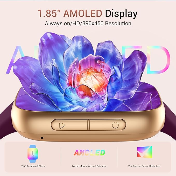 Smart Watch for Women, 1.85" AMOLED Always-On Display Screen Smartwatch for iPhone & Android, 3ATM Waterproof Fitness Tracker with Bluetooth Call, Heart Rate/Sleep/SpO2 Monitor, 100+ Sport Modes