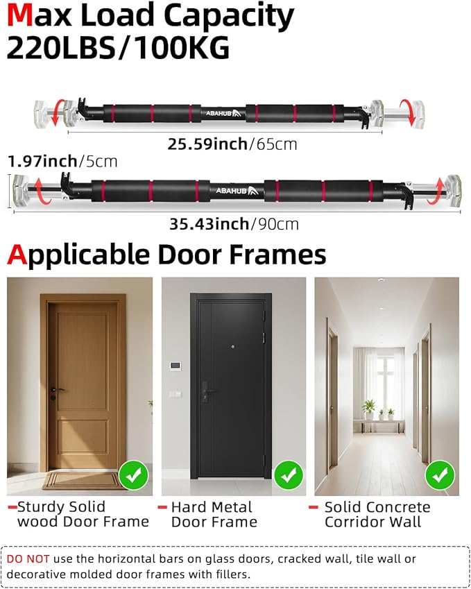 Abahub Doorway Pull-Up Bar with Safety Lock, Home Use Heavy-Duty Door Frame Pull-Up Bar for Upper Body Workout, Adjustable Strength Training Horizontal Bar Supporting Up to 220 LBS