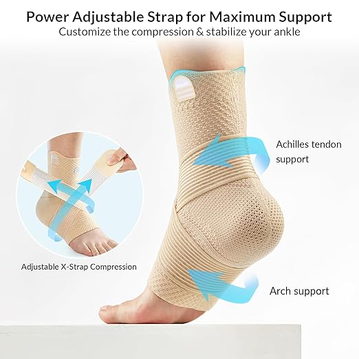 ZOELION Ankle Brace Compression Support with Removable Fishnet Strap, 3D Knit Plantar Fasciitis Relief Achilles Tendonitis Brace, Ankle Compression Sleeve for Pain Relief & Injury Healing, Beige/M