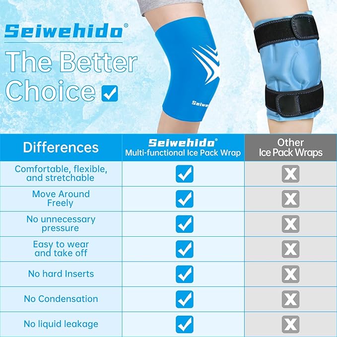 Extended Leg Knee Ice Pack Wrap for Injuries Compression, Reusable Gift Soft Gel Freeze Knees Brace for Swelling Replacement Surgery, Cold Therapy for Arthritis, Meniscus Tear (Knee-Blue-2 Pack)