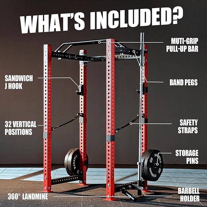 Mikolo 3"x3" Power Cage, Multi-Function Power Rack with LAT Pull Down Pulley System, Commercial Squat Rack for Home Gym with 3x3 Attachment, 1500 lbs Weight Capacity