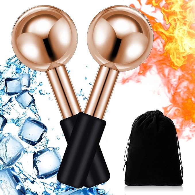 Baderke 2 Pcs Ice Globes for Face Stainless Steel Cooling Globes Unbreakable Cooling Roller Women Ice Balls Cryo Sticks Facials Skin Care for Dark Circles, Puffiness(Rose Gold (Black Handle))
