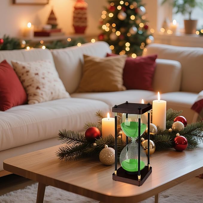 Sand Timer 60 Minutes Hourglass, Vintage Wooden Hour Glass Timer, Large Sandglass Timer Sand Clock for Games Classroom Kitchen Home Office Decor (Green Sand)