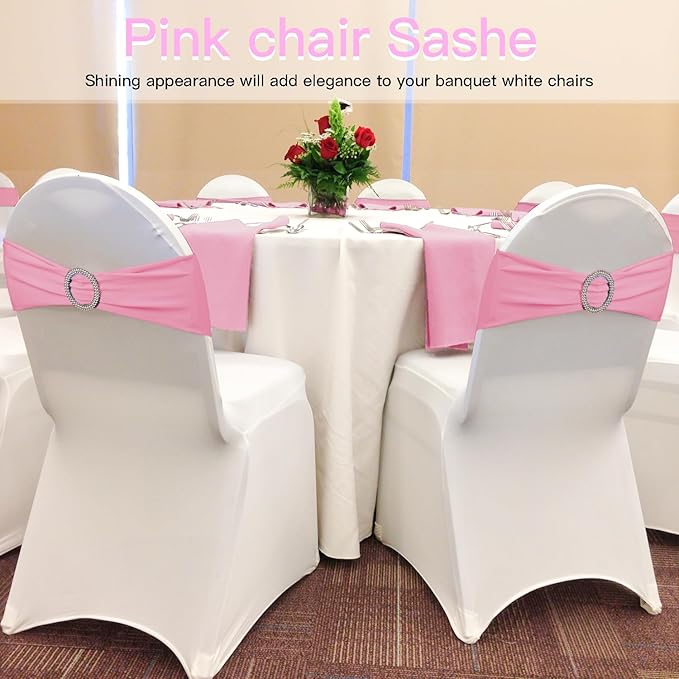 WJWHQ 100PCS Spandex Stretch Chair Sashes Bows Elastic Chair Cover Bands Ties with Buckle Slider for Wedding Party Reception Events Universal Ceremony Banquet Decorations(Pink)