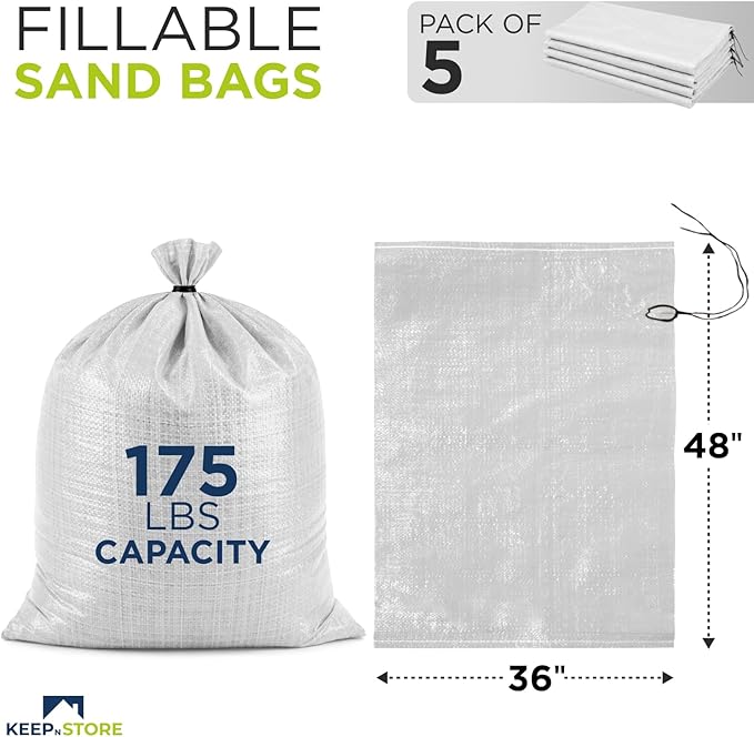 Heavy Duty Sand Bags Pack of 5, White Empty Sandbags with Built-In Ties, Woven Polypropylene UV Protection 1600 Hours, Fillable Bags for Flood Control, Weight, 36x48 inches, 175 Pounds Volume