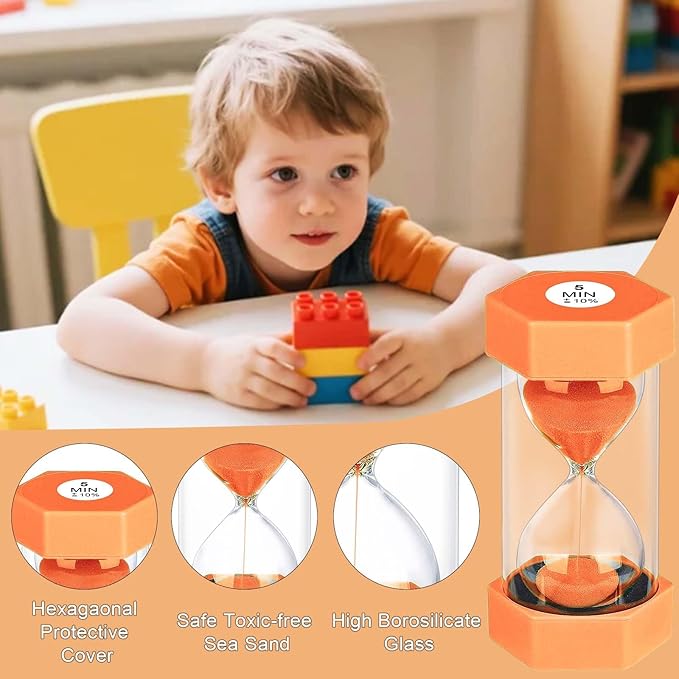 5 Minute Hourglass Sand Timer, Plastic Hexagon Hourglass Sand Clock 5 Min, Reloj De Arena 5 Minutos,Unbreakable Hour Glass Sandglass for Classroom Games Kitchen (Orange)