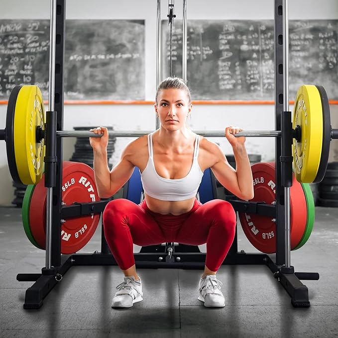 RitFit Smith Machine Power Rack with LAT-Pull Down System, Landmine, Barbell Bar, Plate Storage Pegs and More Training Attachment