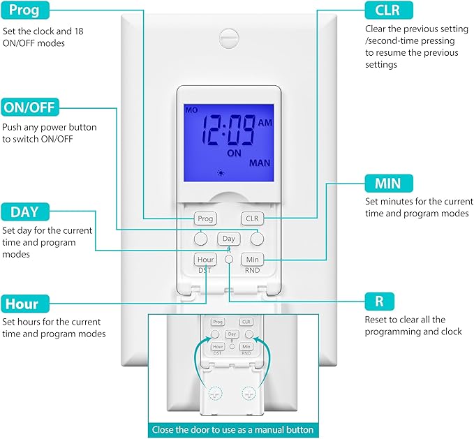 BN-LINK 7 Day Programmable in-Wall Timer Switch for Lights, Digital Light Switch Timer Indoor, Single Pole and 3 Way (Compatible with SPDT) Both Use, Neutral Wire Required, Blue Backlight, ETL Listed