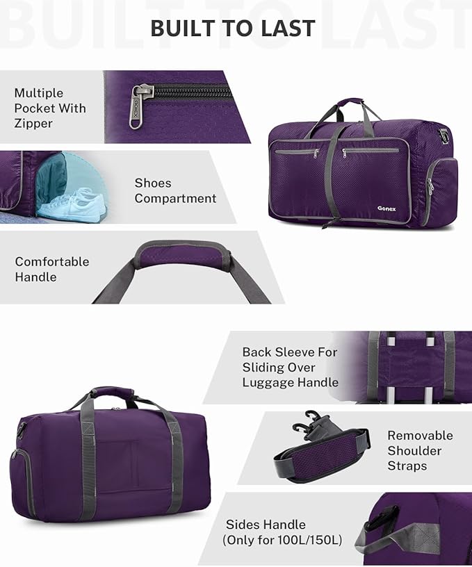 Gonex Large Foldable Travel Duffle Bag with Shoes Compartment, Packable Lightweight Water Repellent Duffel Bag for Camping Gym Weekender Bag