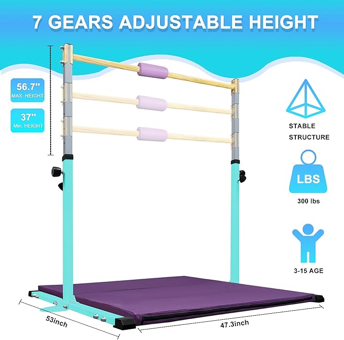 Adjustable Gymnastics Bar for Kids with Mat - Sturdy Kip Bar with Rings, Horizontal Bar for Home Training, 3'-5' Height, Ages 3-15, 250 LBS Capacity, Easy Assembly.