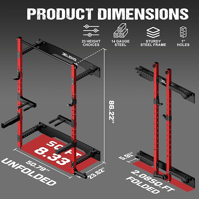 JELENS SF01 Folding Squat Rack, Wall Mounted Power Rack for Home Gym, Space Saving Multi-Functional Power Cage with More Attachments