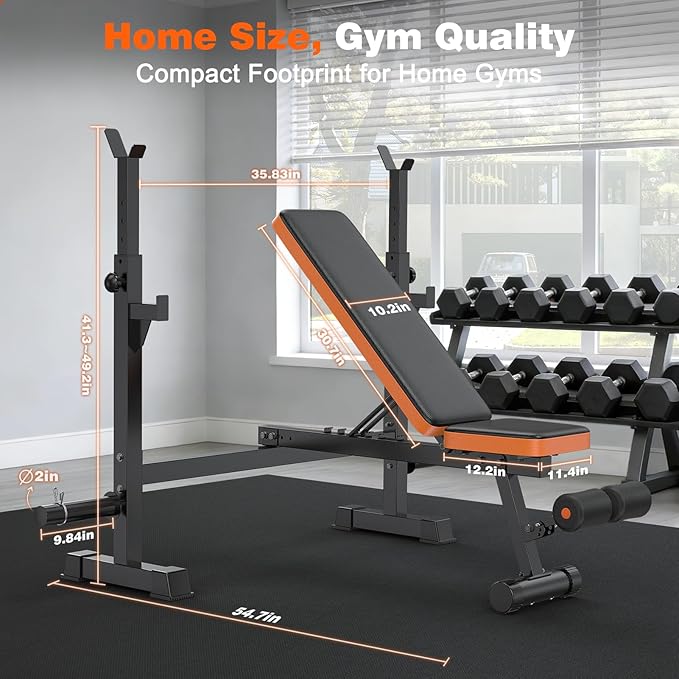Fostoy Adjustable Weight Bench with Squat Rack, 770lbs Heavy Duty Olympic Bench Press for Home Gym, Multi-Function Flat Incline Workout Bench Family Strength Training With Removable Foot Catch