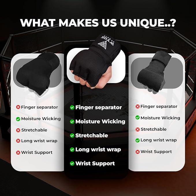 WYOX Gel Boxing Hand Wraps Inner Gloves for Men & Women – 80cm Quick Wrist Strap, Padded Knuckle Support, Fingerless MMA Muay Thai Kickboxing Wraps for Training, Punching & Martial Arts