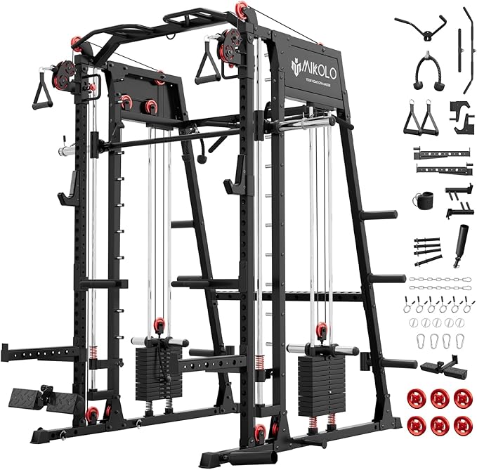 Mikolo M4 2.0 Smith Machine, 2200lbs Squat Rack with LAT-Pull Down System & Cable Crossover Machine, Training Equipment with Leg Hold-Down Attachment