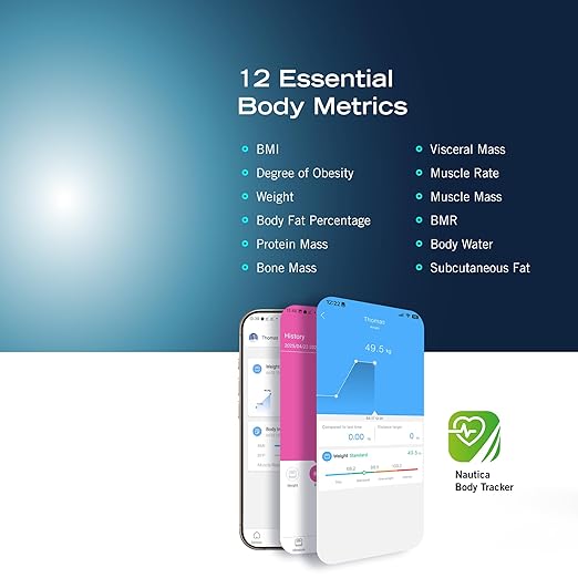 Nautica Body Tracker Digital Bathroom Scale, Bluetooth-Enabled Smart Scale with BMI, Body Fat, Muscle Mass Tracking & More, Syncs with Smartphone App for Body Composition Tracking, 440 Lbs.