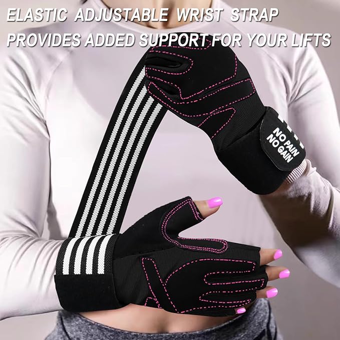 Weight Lifting Gloves for Women Gym Workout with Wrist Support,Padded Half Finger Gloves for Fitness Exercise