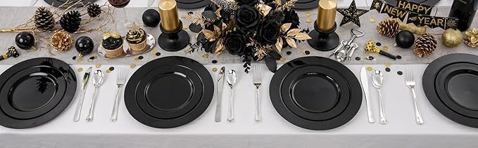 FLOWERCAT 60PCS Black Plastic Plates - Heavy Duty Black Disposable Plates for 30 guests Halloween Party/Wedding/New Year - Include 30PCS 10.25inch Dinner Plates and 30PCS 7.5inch Dessert Plates