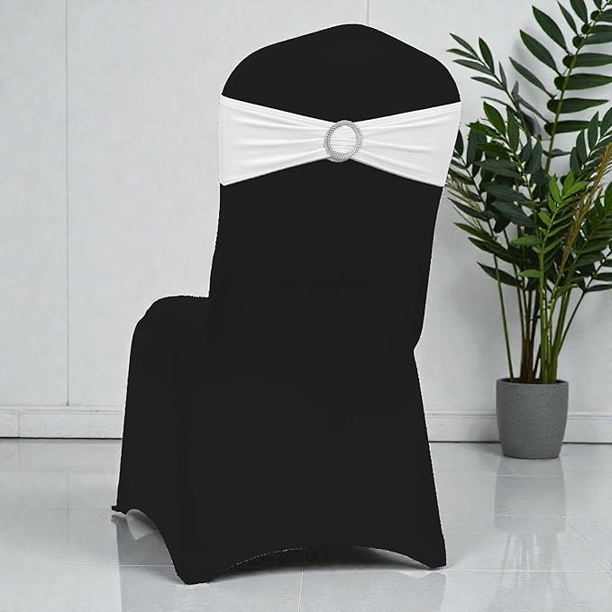 VDS - White | Spandex Chair Sashes Bows | 125 PCS | Stretch Elastic Banquet Universal Folding Chair Band Tie with Silver Buckle Slider for Wedding Party Conference Celebration Event Decoration