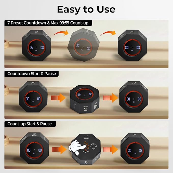 Small Rechargeable Pomodoro Timer, Gravity Sensor Auto-Rotating 7 Preset Times (1/3/5/15/30/60/90 min) & Count Up Mode, Digital Kitchen Timers for Cooking, Work and Study (Space Gray)