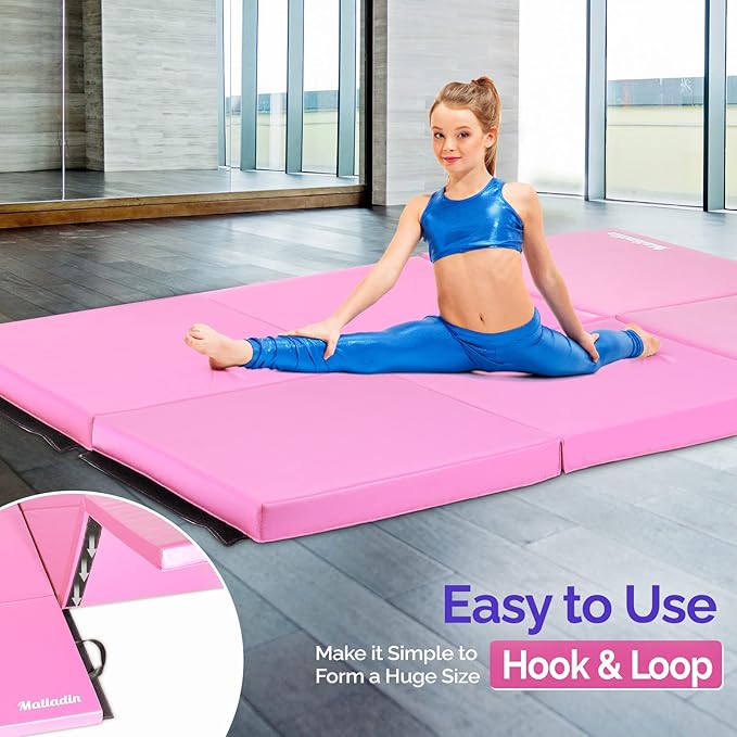Matladin 6' Folding Tri-fold Gymnastics Gym Exercise Aerobics Mat, 6ft x 2ft x 2in PU Leather Tumbling Mats with Hook & Loop Fastener for Stretching Yoga Cheerleading Martial Arts