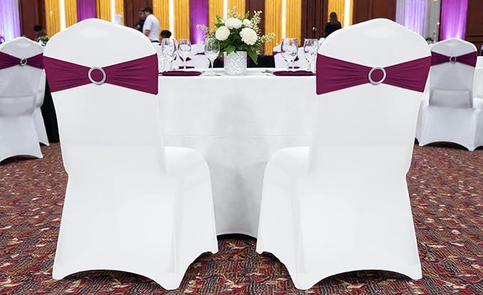 MDS Pack of 25 Spandex Chair Sashes Bow Premium Stretch Chair Cover Band with Buckle Slider Universal fits Elastic Stretch Chair Ties for Wedding Party Banquet Events Decoration - Eggplant