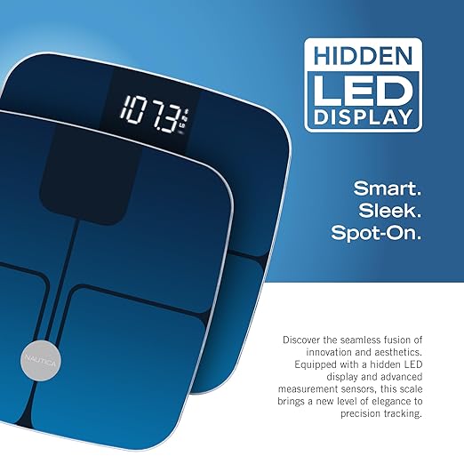 Nautica Body Tracker Digital Bathroom Scale, Bluetooth-Enabled Smart Scale with BMI, Body Fat, Muscle Mass Tracking & More, Syncs with Smartphone App for Body Composition Tracking, 440 Lbs.
