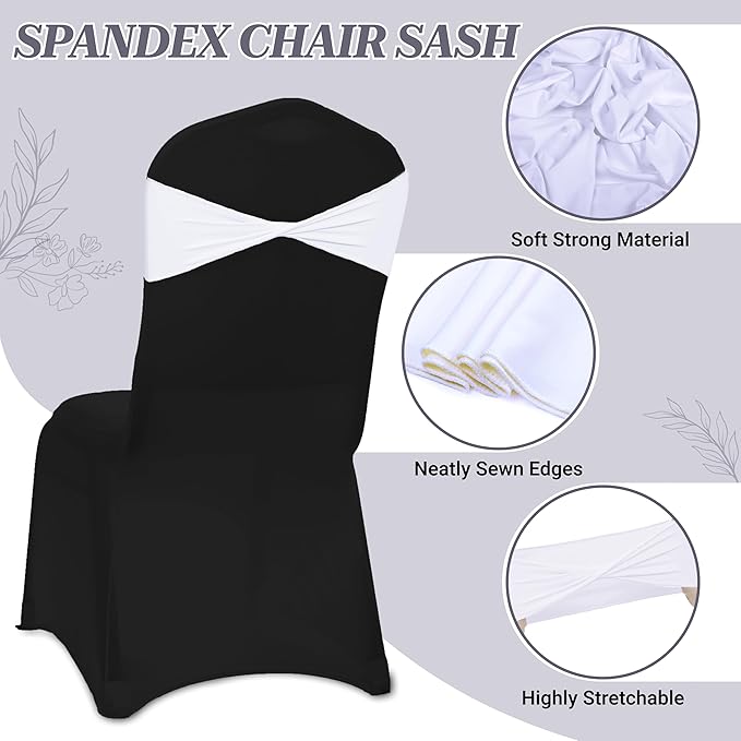 MDS Pack of 200 Spandex Chair Sashes Bows Elastic Stretch Dining Chair Bands Ties Without Slider Buckle Universal fits for Wedding Baby Shower Birthday Party Banquet Event Decoration - White