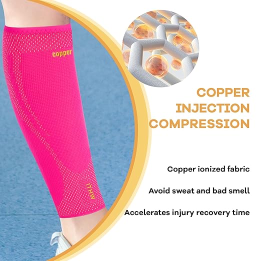 Copper Calf Compression Sleeves for Men & Women - High Stretch Graduated Compression with Anti-Slip Grip | Breathable & Smooth Lining Footless Design for Runners, Shin Splints, Leg Fatigue & Travel (Pink, Large)