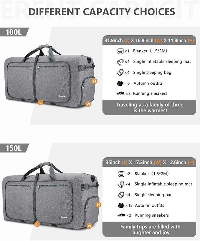 Gonex Large Foldable Travel Duffle Bag with Shoes Compartment, Packable Lightweight Water Repellent Duffel Bag for Camping Gym Weekender Bag