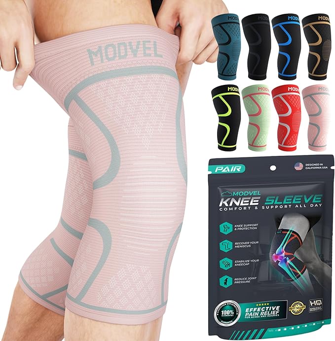 Modvel Knee Braces for Knee Pain Women & Men - 2 Pack Knee Brace for Knee Pain Set, Knee Brace Compression Sleeve, Knee Support for Knee Pain Meniscus Tear, ACL & Arthritis Pain Relief,Pink XXXL