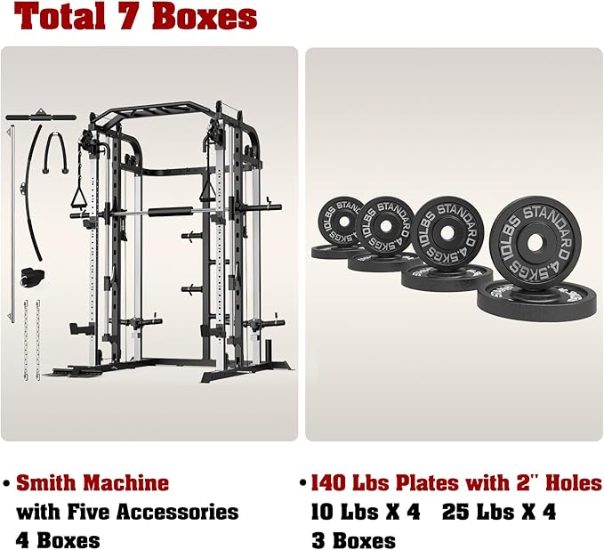 Smith Machine, Multifunctional Power Cage Rack with Smith Bar and Cable Pulley System, and LAT Pull Down Machine for Home Gym…