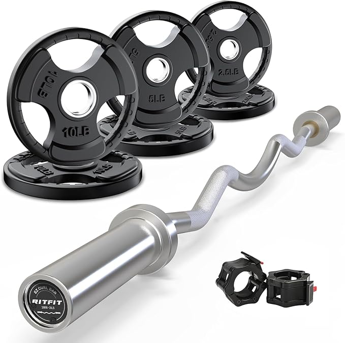 RitFit 2 Inch EZ Curl Bar with Weights, 350LBS Weight Capacity Olympic Curl Barbell for Bicep, Tricep and Weight Lifting Exercises