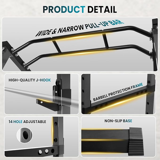POWKOL Squat Rack Power Cage, 1200lb Capacity, 14-Hole Adjustable Height, Multi Functional Squat Rack for Home Gym With Safety Arms and J-Hooks, for Garage Gym Home Fitness Training
