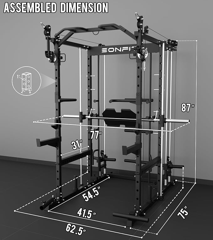 Eonfit E5 Smith Machine with Vertical Leg Press, Power Cage Squat Rack with LAT-Pull Down Cable Crossover Rotating Arms System Home Gym Equipment All in One